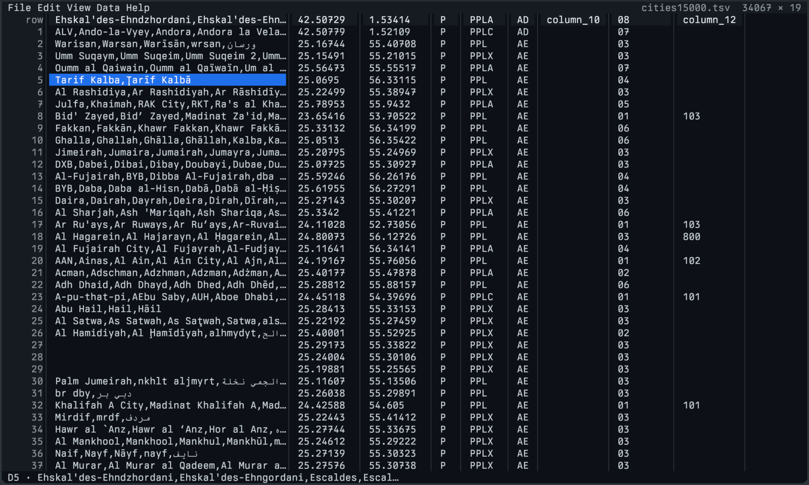csvui displaying a large tab-separated table of world cities