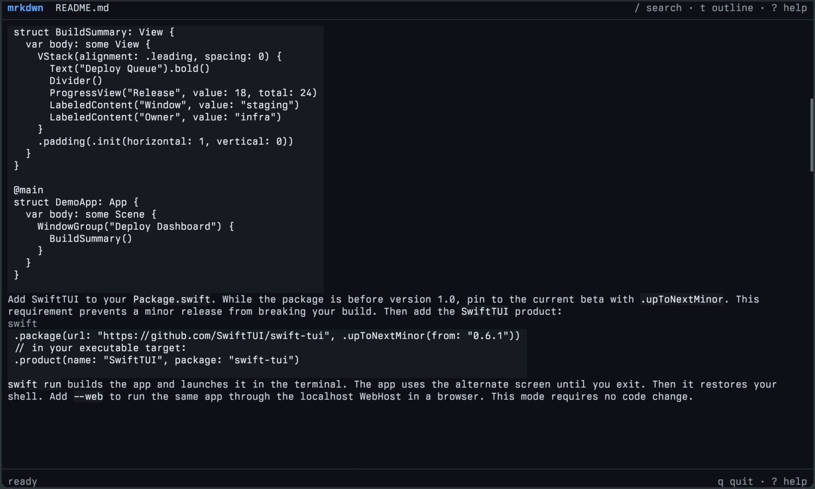 mrkdwn rendering the SwiftTUI README as a navigable document